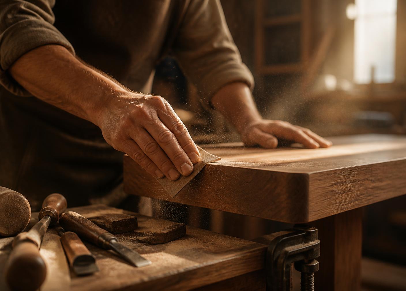 Craftsman sanding a solid hardwood table edge in the DesignByU workshop
