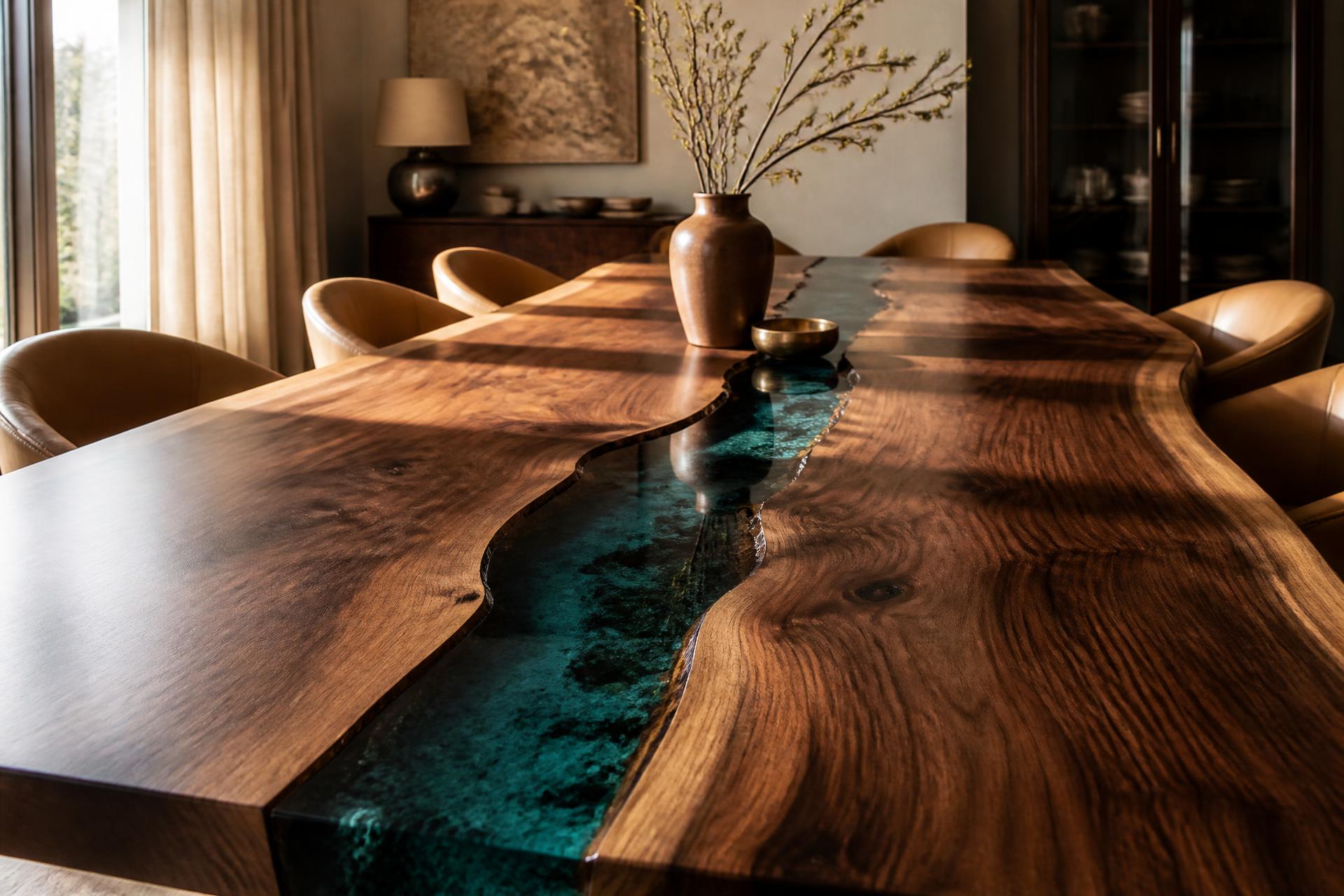 Live-edge walnut dining table with a teal resin river, surrounded by tan leather chairs