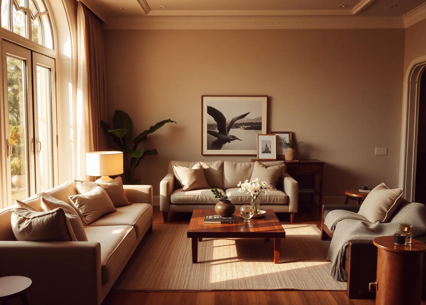 Warm living room styled with a couch, coffee table, lamp, cushions and decor accessories