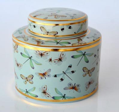DUCK EGG BLUE & GOLD DRAGONFLY JAR WITH LID