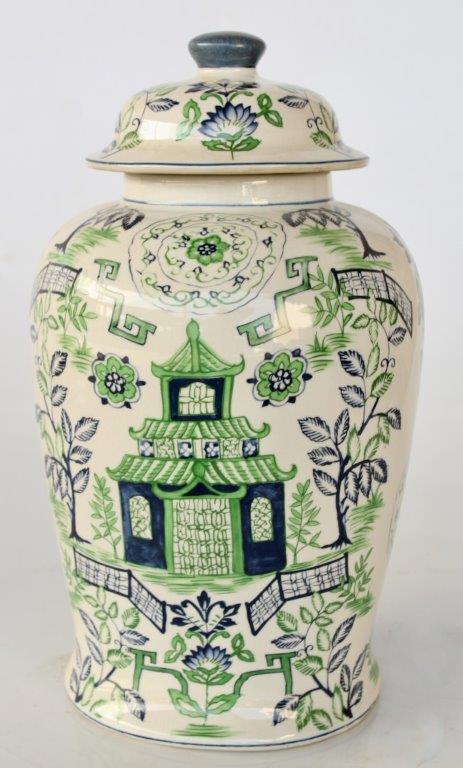 Large blue and green pagoda ginger jar