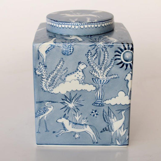 Large blue and white square tiger moon jar with lid