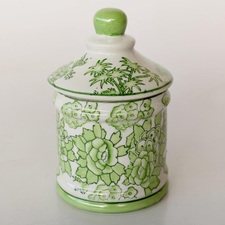 Small lime green floral jar with lid