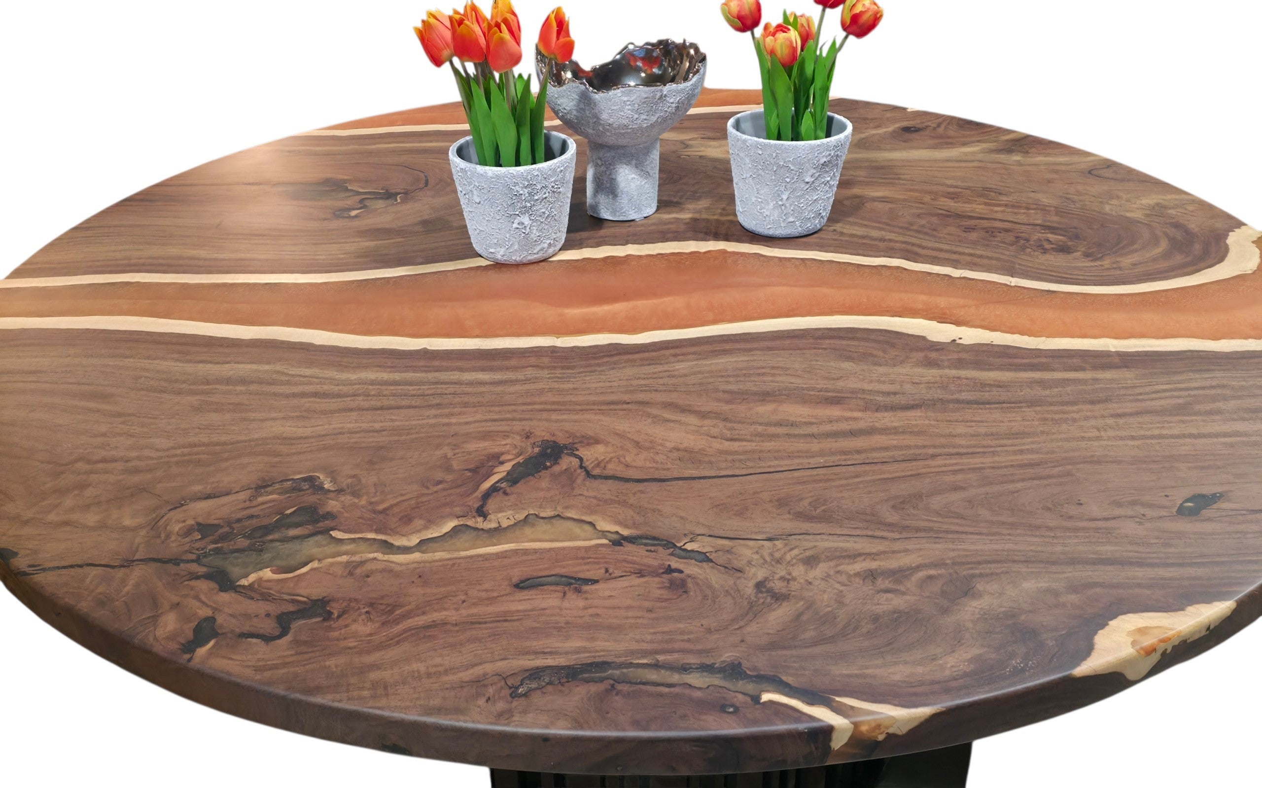 Handcrafted round leadwood and resin dining table