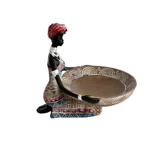 Tribal lady holding faux wood flat bowl