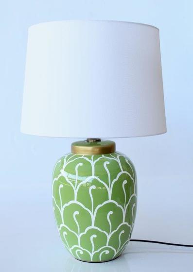LIME GREEN & WHITE LAMP BASE OFF WHITE SHADE