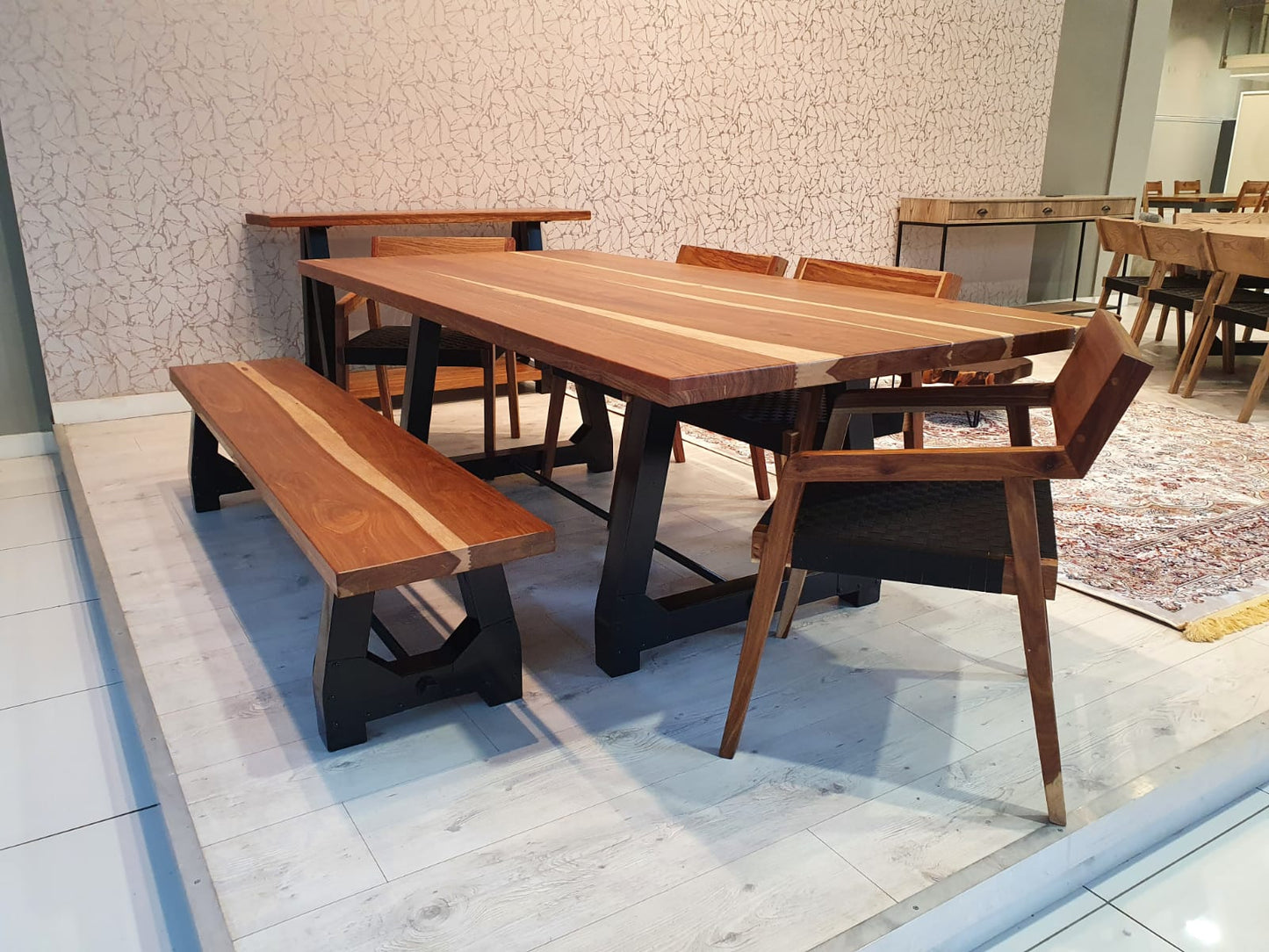 Brown & White Kiaat solid wood table set with metal A frame leg.  Including 5 x Strapchairs, bench and server
